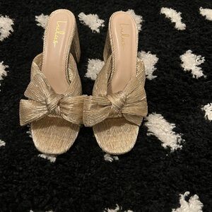 Lulu's Metallic Gold Knotted Bow Block Heel Mules